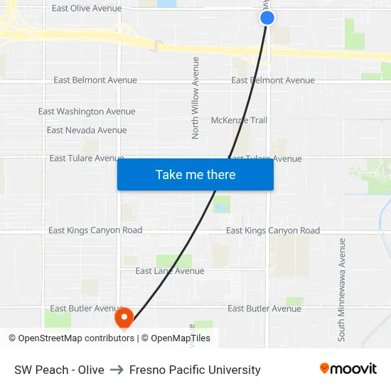 SW Peach - Olive to Fresno Pacific University map
