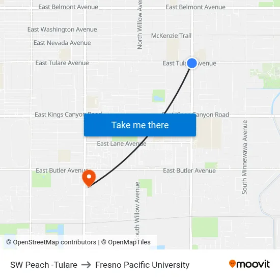 SW Peach -Tulare to Fresno Pacific University map