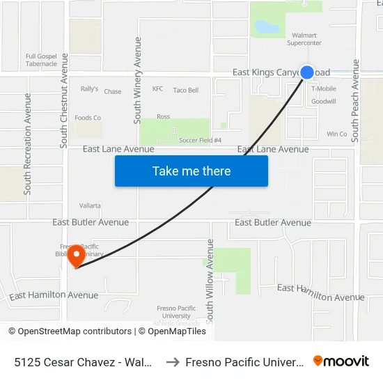 5125 Cesar Chavez - Walmart to Fresno Pacific University map