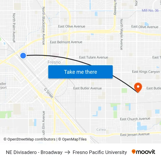NE Divisadero - Broadway to Fresno Pacific University map