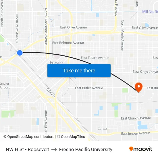 NW H St - Roosevelt to Fresno Pacific University map