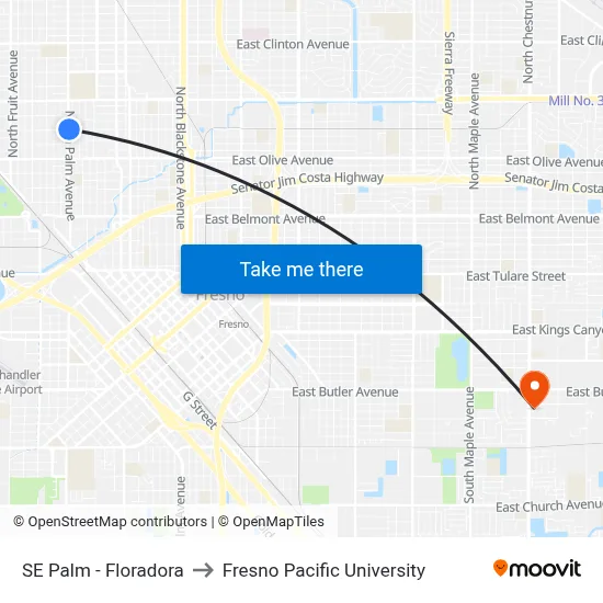 SE Palm - Floradora to Fresno Pacific University map
