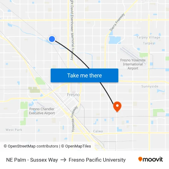 NE Palm - Sussex Way to Fresno Pacific University map