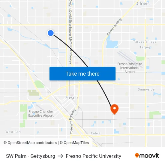 SW Palm - Gettysburg to Fresno Pacific University map