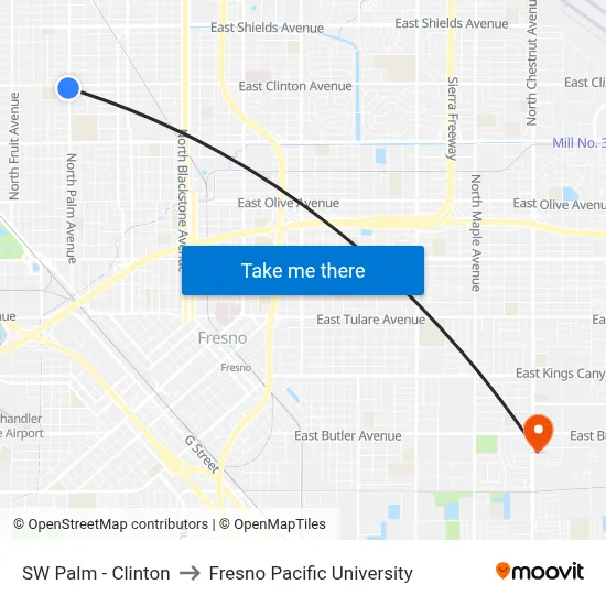 SW Palm - Clinton to Fresno Pacific University map