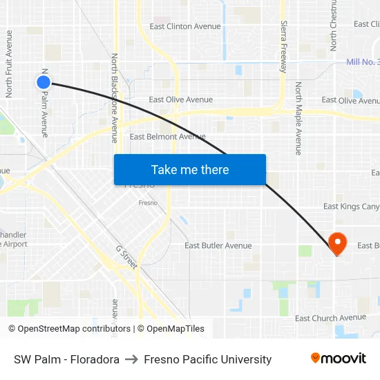 SW Palm - Floradora to Fresno Pacific University map