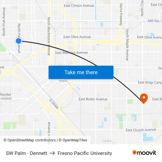 SW Palm - Dennett to Fresno Pacific University map