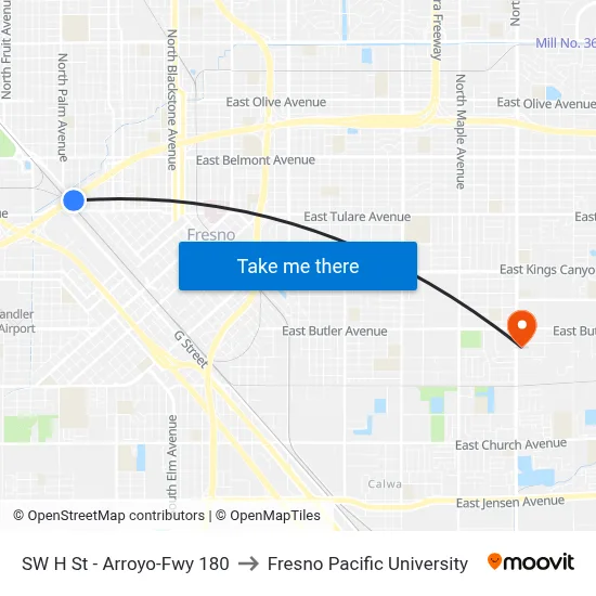 SW H St - Arroyo-Fwy 180 to Fresno Pacific University map