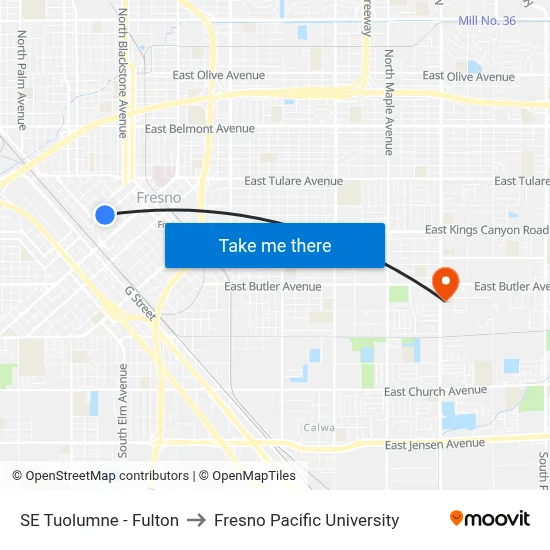SE Tuolumne - Fulton to Fresno Pacific University map