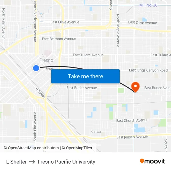 L Shelter to Fresno Pacific University map