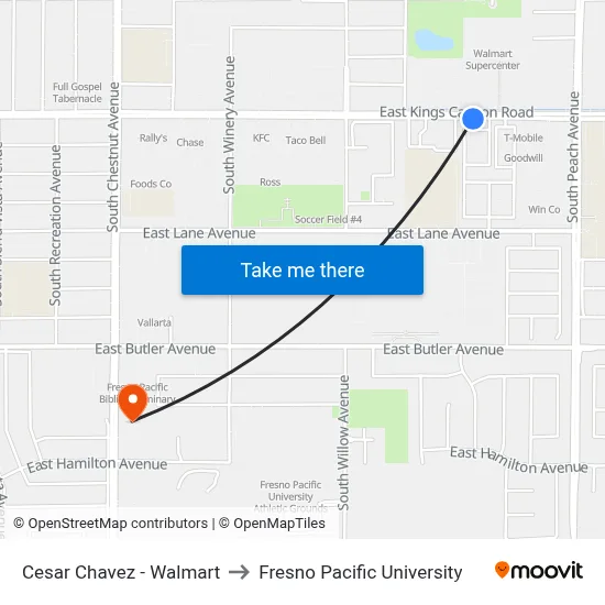 Cesar Chavez - Walmart to Fresno Pacific University map
