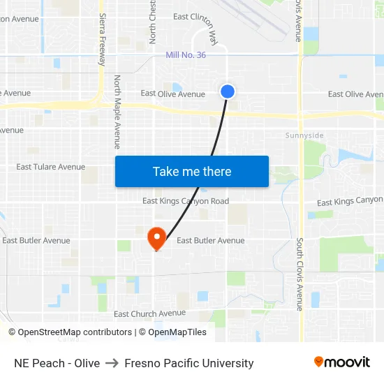 NE Peach - Olive to Fresno Pacific University map