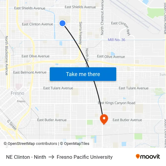 NE Clinton - Ninth to Fresno Pacific University map