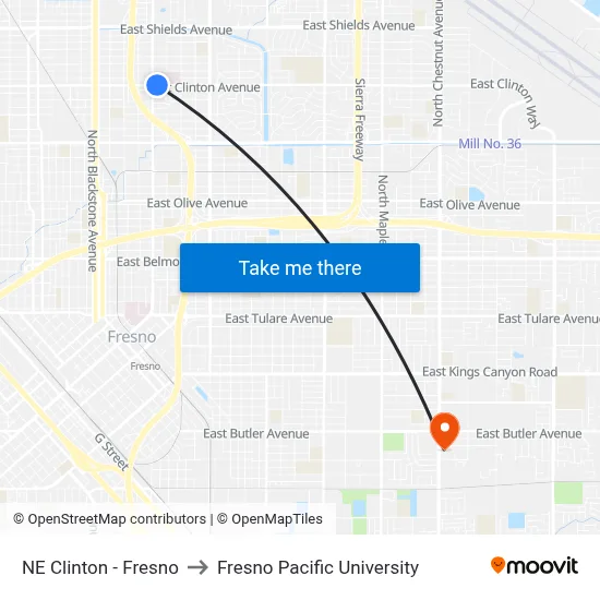 NE Clinton - Fresno to Fresno Pacific University map