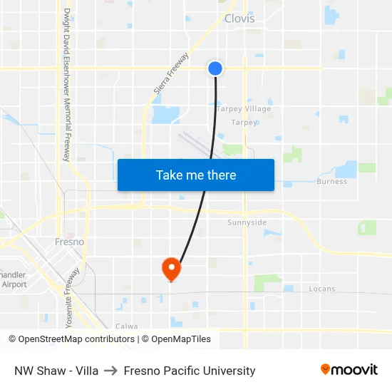 NW Shaw - Villa to Fresno Pacific University map