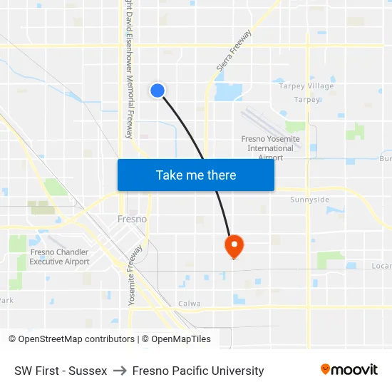 SW First - Sussex to Fresno Pacific University map