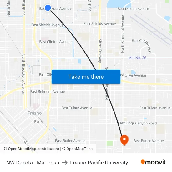 NW Dakota - Mariposa to Fresno Pacific University map
