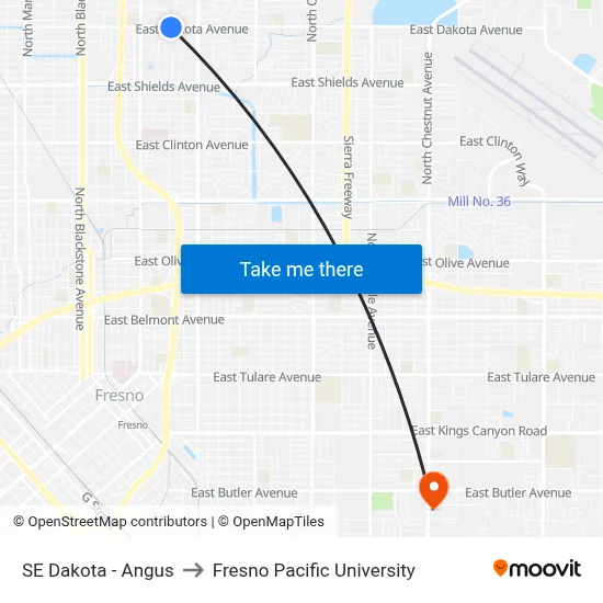SE Dakota - Angus to Fresno Pacific University map