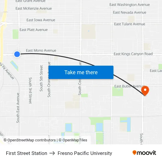 First Street Station to Fresno Pacific University map