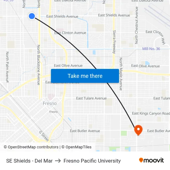 SE Shields - Del Mar to Fresno Pacific University map