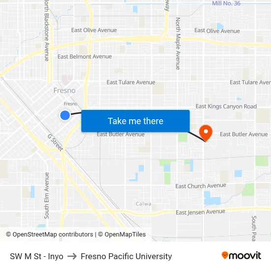SW M St - Inyo to Fresno Pacific University map