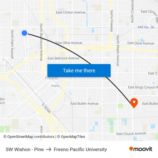SW Wishon - Pine to Fresno Pacific University map