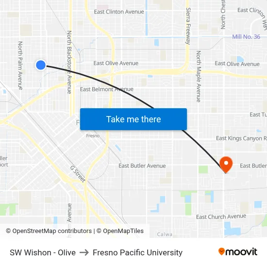 SW Wishon - Olive to Fresno Pacific University map