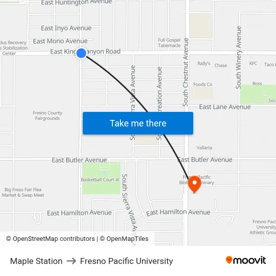Maple Station to Fresno Pacific University map