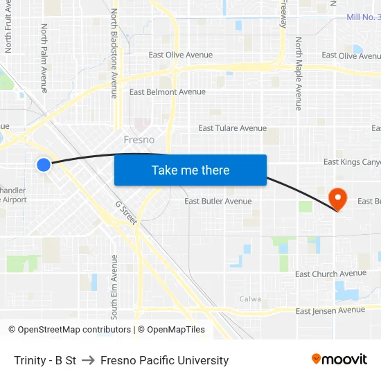 Trinity - B St to Fresno Pacific University map