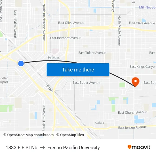 1833 E E St Nb to Fresno Pacific University map