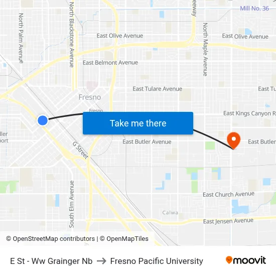 E St - Ww Grainger Nb to Fresno Pacific University map