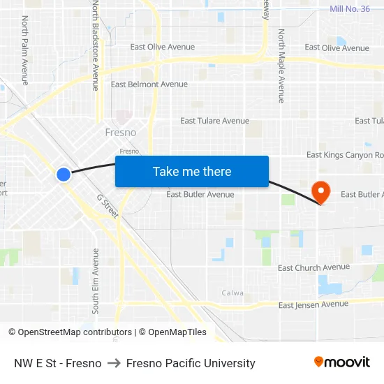 NW E St - Fresno to Fresno Pacific University map