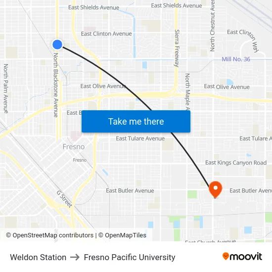 Weldon Station to Fresno Pacific University map