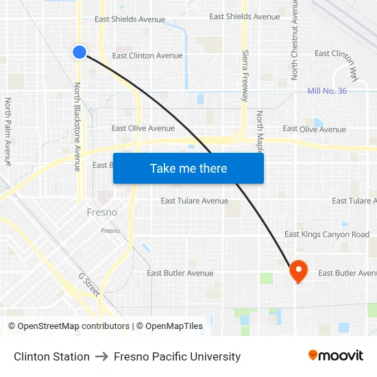 Clinton Station to Fresno Pacific University map