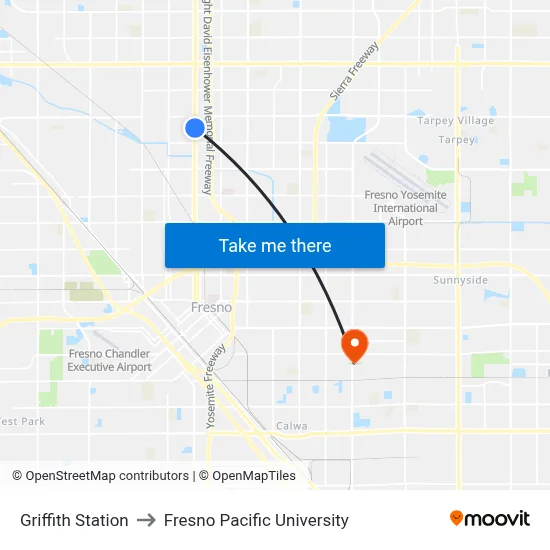 Griffith Station to Fresno Pacific University map