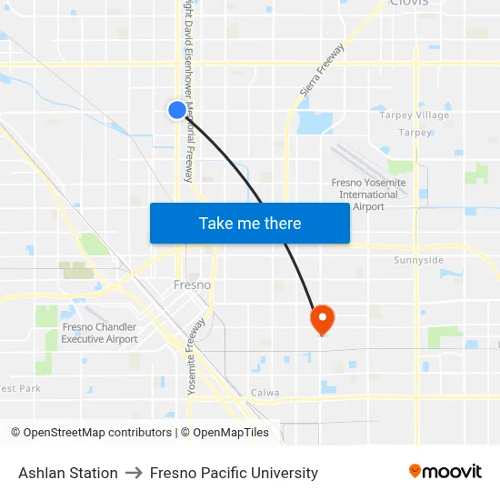 Ashlan Station to Fresno Pacific University map