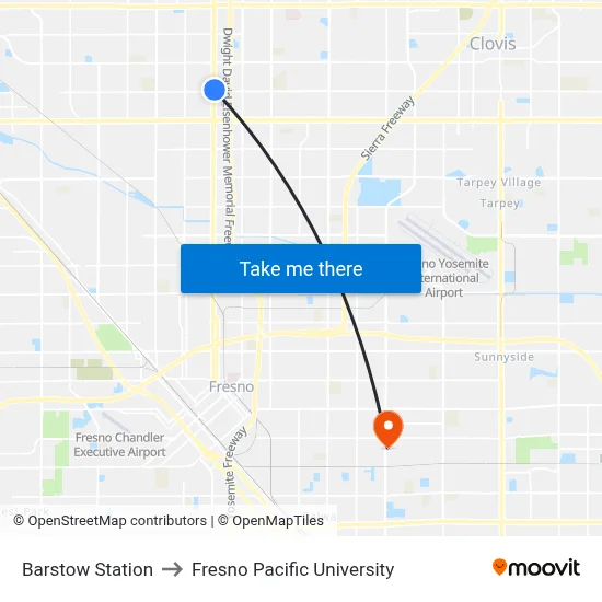 Barstow Station to Fresno Pacific University map