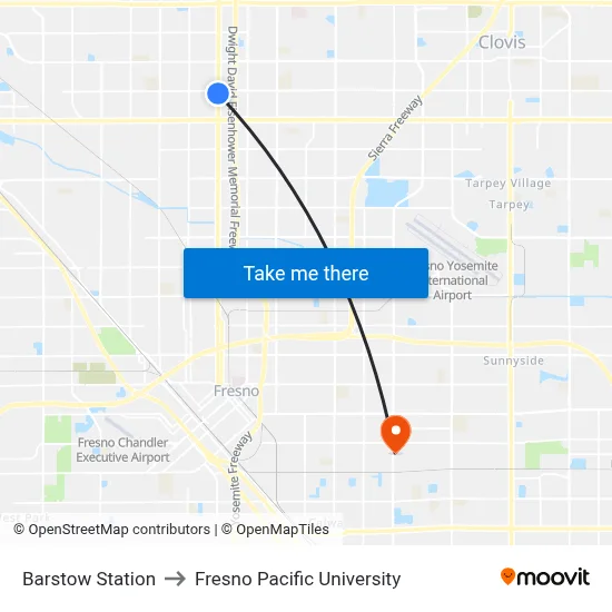Barstow Station to Fresno Pacific University map