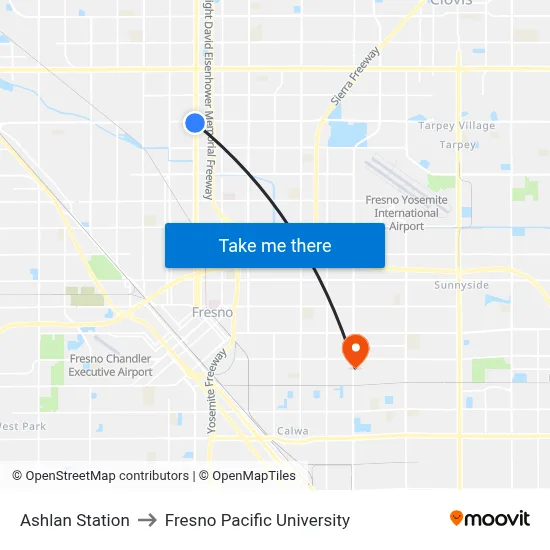 Ashlan Station to Fresno Pacific University map