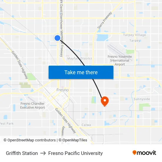 Griffith Station to Fresno Pacific University map