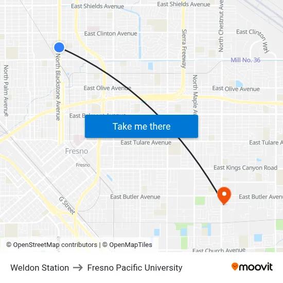 Weldon Station to Fresno Pacific University map