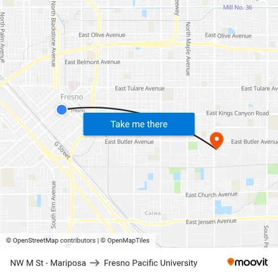 NW M St - Mariposa to Fresno Pacific University map