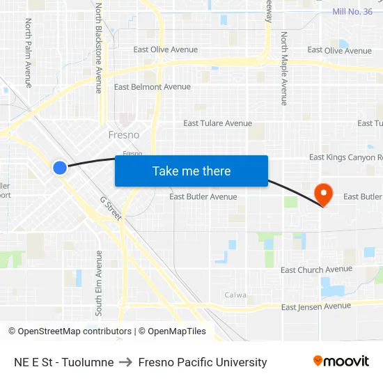 NE E St - Tuolumne to Fresno Pacific University map