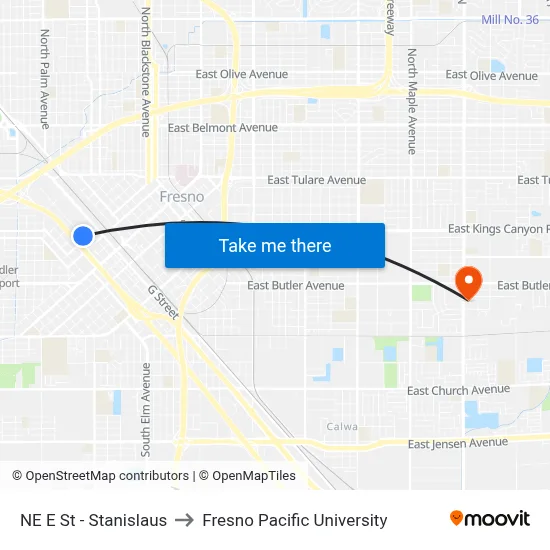 NE E St - Stanislaus to Fresno Pacific University map