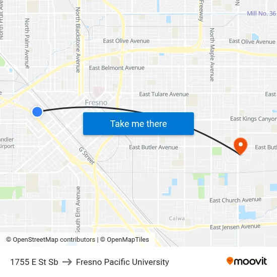 1755 E St Sb to Fresno Pacific University map