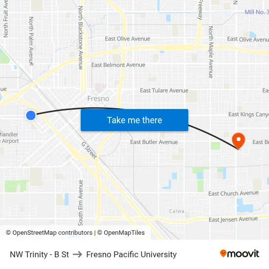 NW Trinity - B St to Fresno Pacific University map