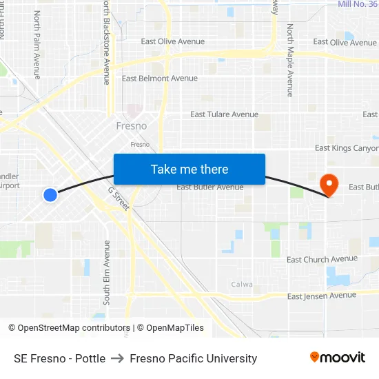 SE Fresno - Pottle to Fresno Pacific University map