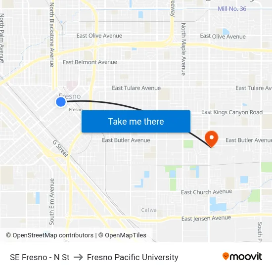 SE Fresno - N St to Fresno Pacific University map