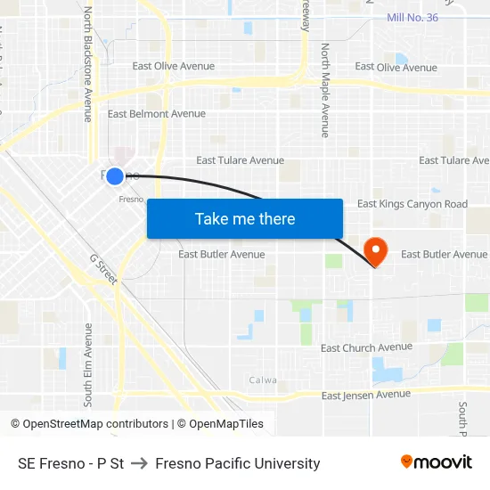 SE Fresno - P St to Fresno Pacific University map