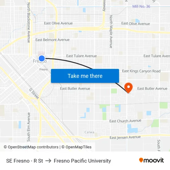 SE Fresno - R St to Fresno Pacific University map